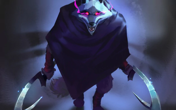 HD PC desktop wallpaper of the Wolf from Puss in Boots: The Last Wish — cloaked, glowing eyes, twin curved blades and ominous blue-purple lighting.