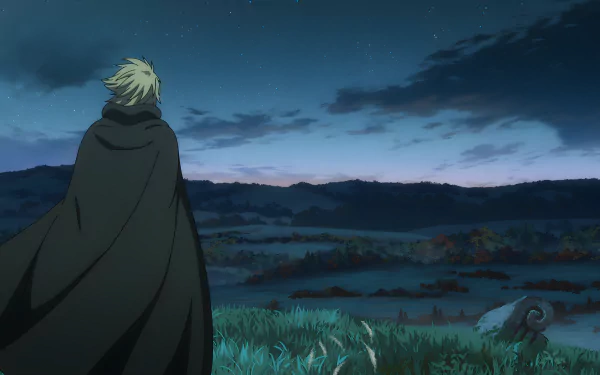 Thorfinn from Vinland Saga stands contemplatively against a stunning night sky, surrounded by lush landscapes. This 8K Ultra HD wallpaper captures the essence of the anime beautifully.