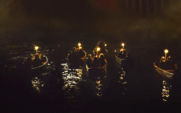 4K Ultra HD Harry Potter movie wallpaper showing boats with glowing lanterns moving across dark water on a misty night, designed for PC desktops.