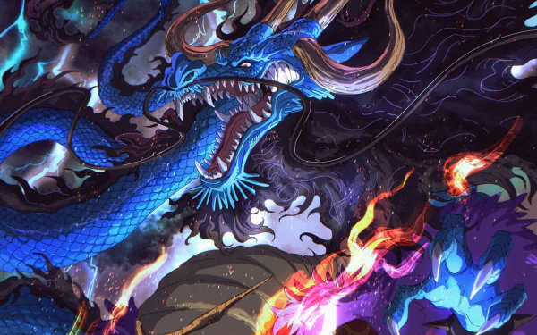 An epic HD wallpaper featuring Kaido from One Piece, showcasing his dragon form amidst vibrant colors and dynamic flames, capturing the essence of the anime's intense action.