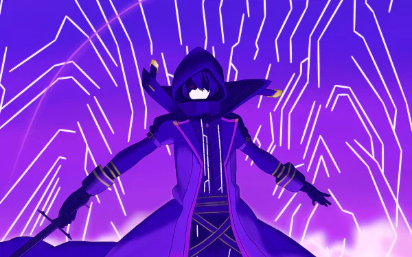 HD PC desktop wallpaper featuring Cid Kagenou from the anime The Eminence in Shadow, depicted in a dynamic pose with glowing purple geometric patterns in the background.