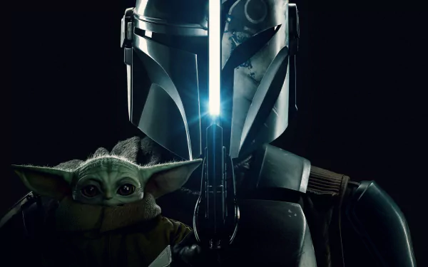 4K Ultra HD desktop wallpaper featuring The Mandalorian and Grogu from the TV show The Mandalorian in a dark, dramatic setting with glowing light accents.