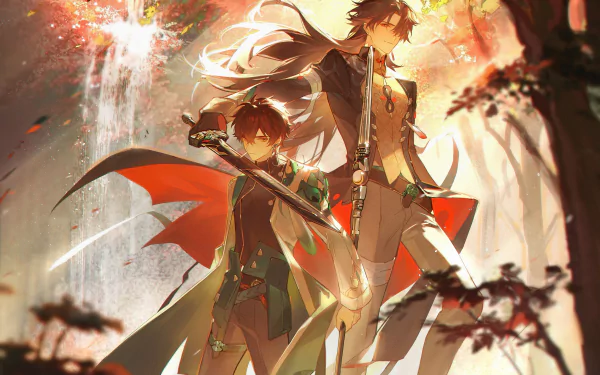 HD PC desktop wallpaper featuring Dan Heng and Blade from the video game Honkai: Star Rail, set against a vibrant, dynamic background with warm lighting.