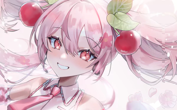 HD anime desktop wallpaper featuring Hatsune Miku in a vibrant Vocaloid style with pink hair, cherry accessories, and a cheerful expression.