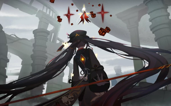 Hu Tao confronts the Unknown God amid crumbling pillars and floating crimson sigils — Genshin Impact video game art, 2K Quad HD PC desktop wallpaper.