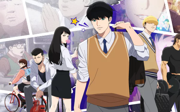 HD PC desktop wallpaper featuring anime characters from Lookism, showcasing diverse personalities and styles in a vibrant, detailed illustration.