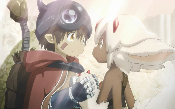 HD PC desktop wallpaper featuring Reg and Faputa from the anime Made in Abyss: The Golden City of the Scorching Sun, capturing a heartfelt moment between the characters.