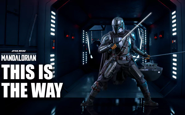 4K Ultra HD PC desktop wallpaper: The Mandalorian (TV Show) — armored warrior in a dark spaceship corridor wielding blade and blaster, This Is The Way text, mandalorian war motif.