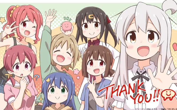 HD PC desktop wallpaper featuring colorful characters from the anime Onimai: I'm Now Your Sister! smiling and waving against a pastel background with Thank You!! text.