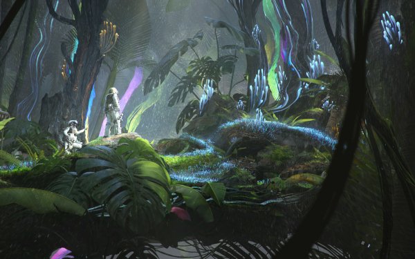 HD desktop wallpaper featuring a mystical jungle scene with vibrant flora and ethereal lighting effects.