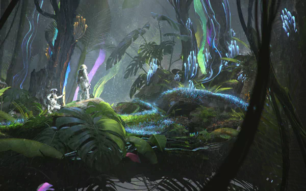 HD desktop wallpaper featuring a sci-fi jungle scene with vibrant foliage and a figure exploring the mysterious terrain.