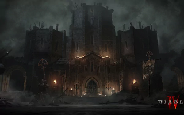 Dark gothic fortress at night from the video game Diablo IV — 2K Quad HD PC desktop wallpaper and background, with brooding skies, glowing torches and looming statues.