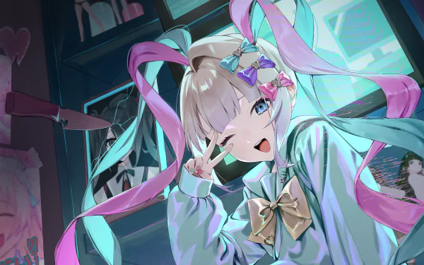 HD PC desktop wallpaper featuring OMGkawaiiAngel-chan from the video game NEEDY GIRL OVERDOSE, showcasing vibrant pastel colors and a playful, dynamic pose.