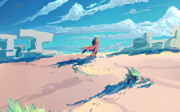 Trigun Stampede anime desert: lone red-coated figure walks toward distant sandstone ruins under a bright blue sky — HD PC desktop wallpaper and background.