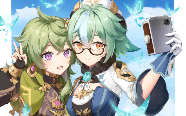 HD PC desktop wallpaper featuring Collei and Sucrose from the video game Genshin Impact, surrounded by glowing blue butterflies in a bright, vibrant setting.