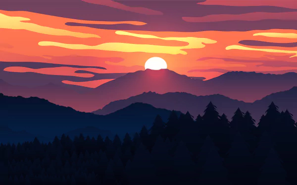 Abstract illustration of a vibrant sunset over layered mountain silhouettes, rendered in 8K Ultra HD resolution for a vivid desktop wallpaper and landscape background.