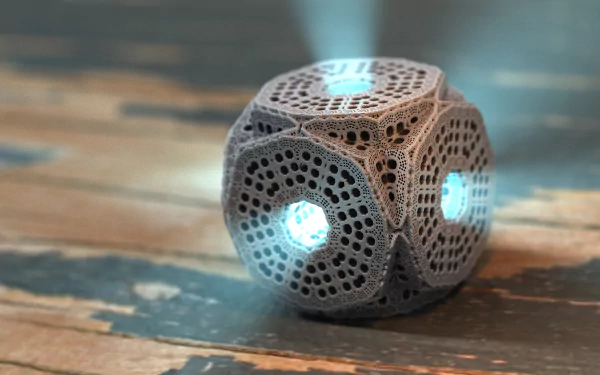 HD desktop wallpaper featuring a sci-fi inspired, intricately designed object with glowing blue lights, set on a rustic wooden surface.