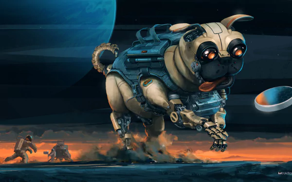 HD desktop wallpaper featuring a futuristic robotic dog equipped with advanced technology, set against a sci-fi themed landscape with a looming spaceship.