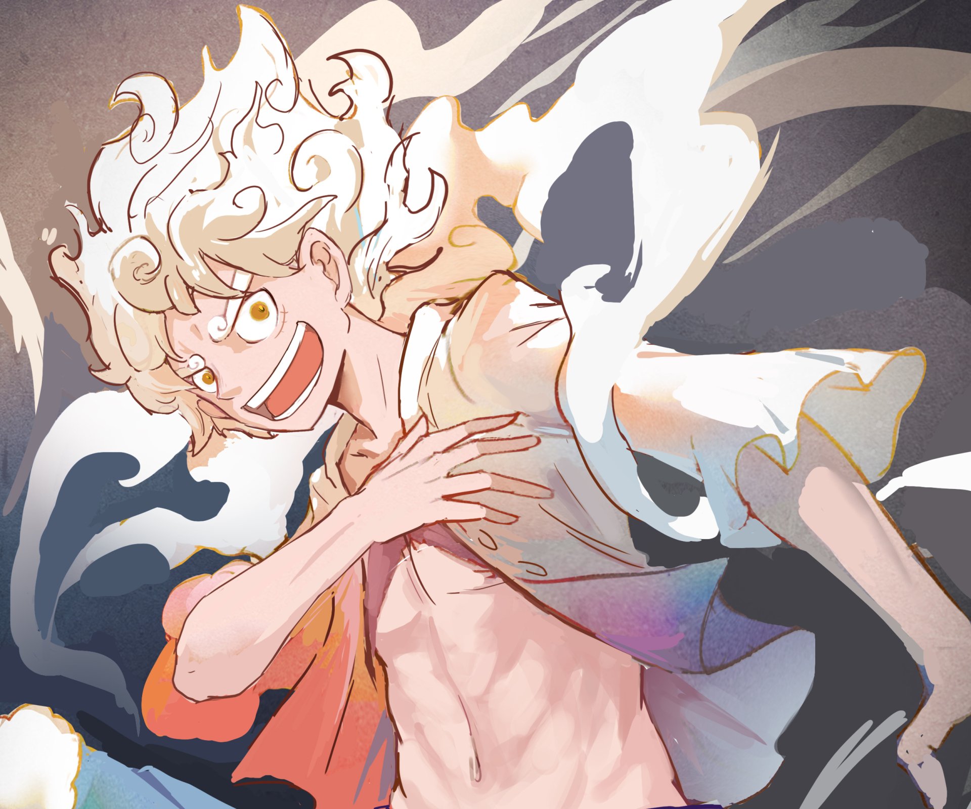 HD anime wallpaper featuring Monkey D. Luffy in Gear 5 form from One Piece, showcasing dynamic energy and vibrant colors for PC desktop backgrounds.