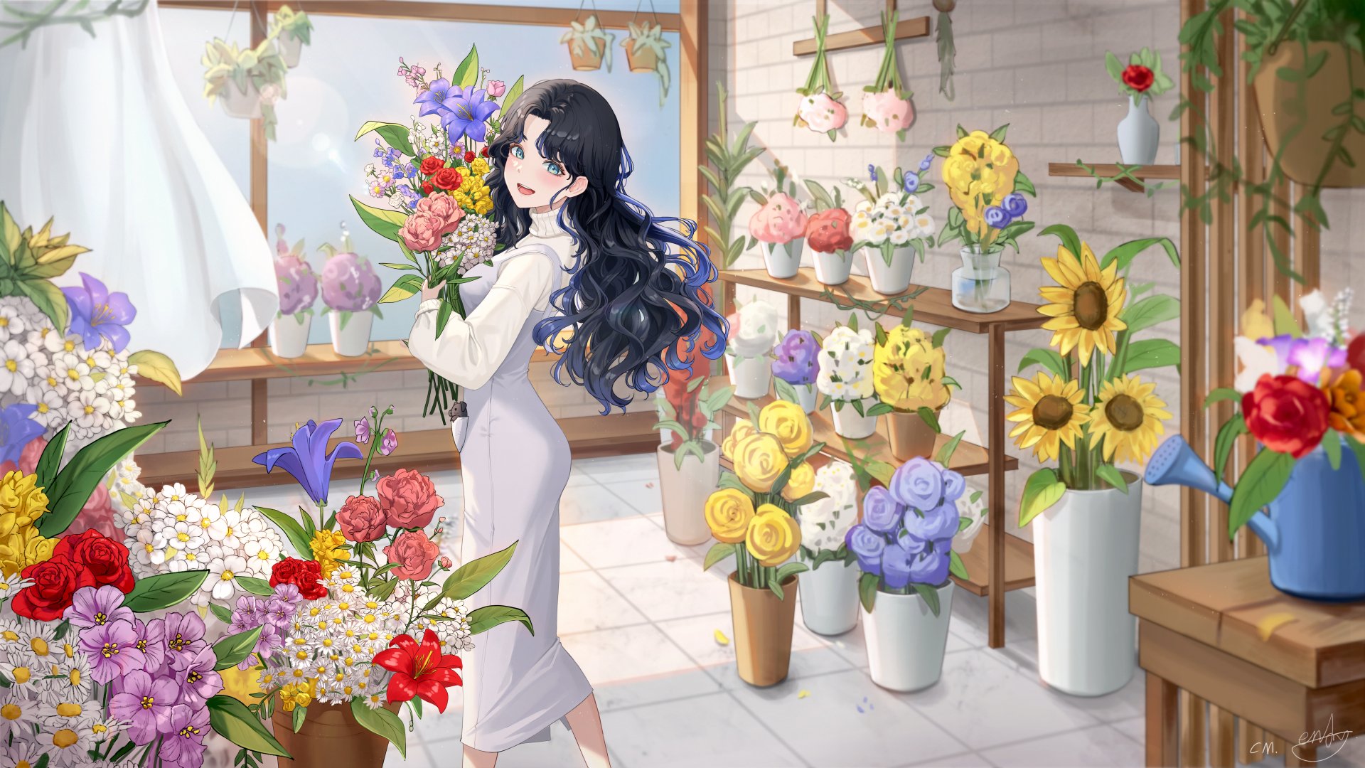 Anime girl with long dark hair arranging vibrant flowers in a sunlit flower shop, depicted in 8K Ultra HD as a detailed PC desktop wallpaper.