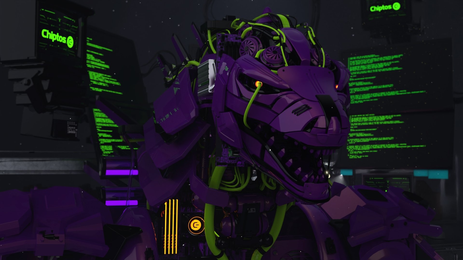 Chiptos Zilla Godzilla Robot Hacker with Terminal Screen - Purple NFT Wallpaper by chiptos