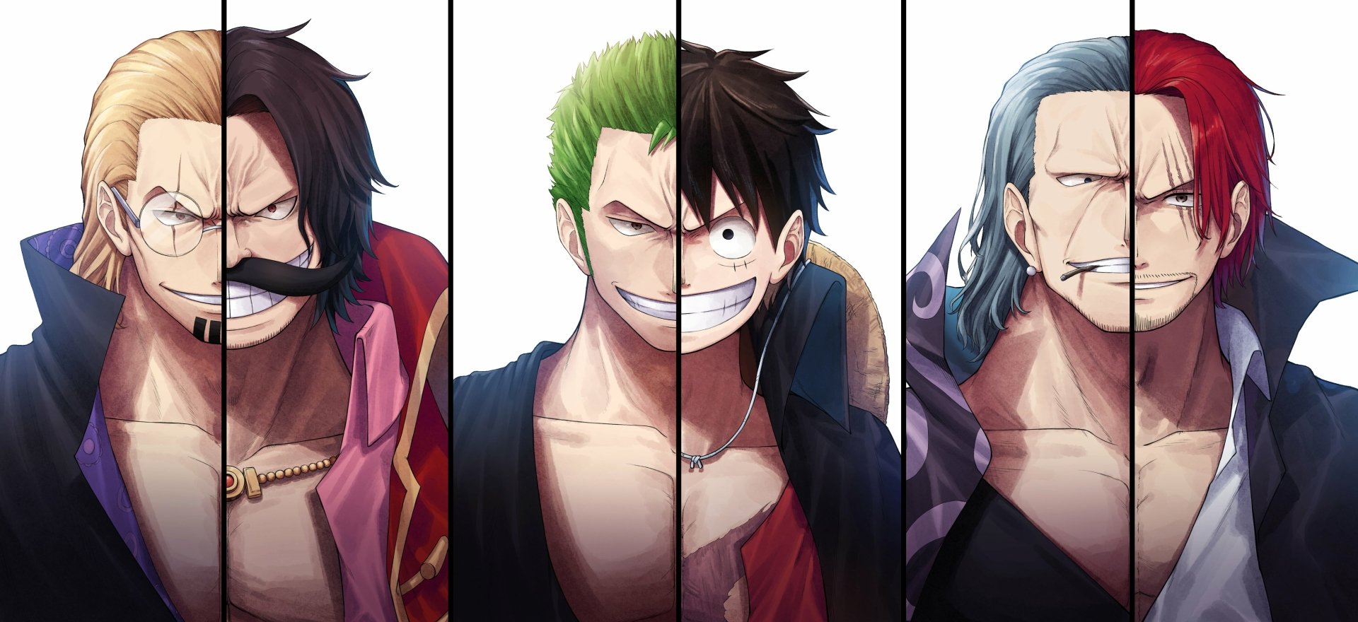 A vibrant HD wallpaper featuring iconic characters from the anime One Piece, displaying their confident expressions and unique styles against a clean background.