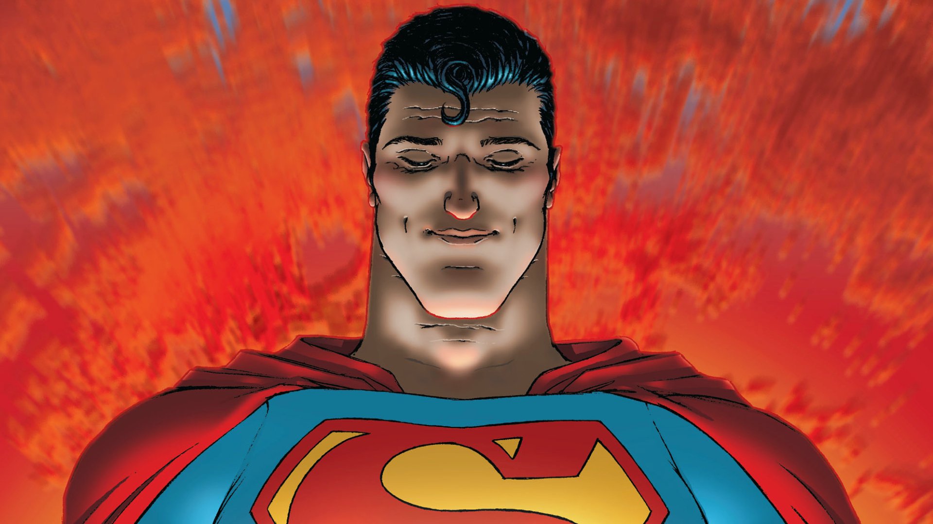 Comic All Star Superman portrait, eyes closed and serene, chest emblem prominent against a fiery red backdrop — HD PC desktop wallpaper and background.