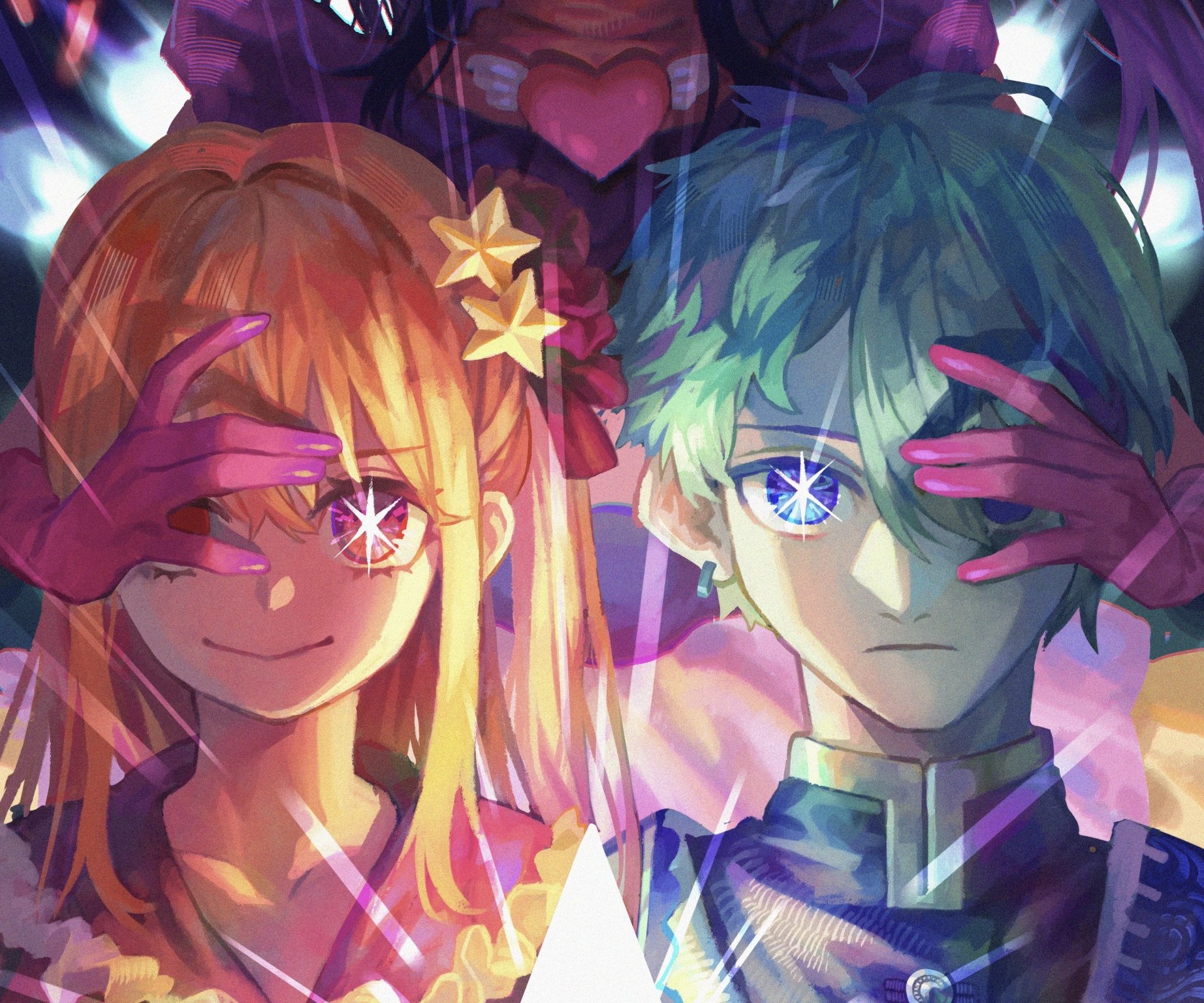 HD anime wallpaper featuring Aquamarine Hoshino and Ruby Hoshino from Oshi no Ko, with vibrant colors and star motifs enhancing the dynamic composition.