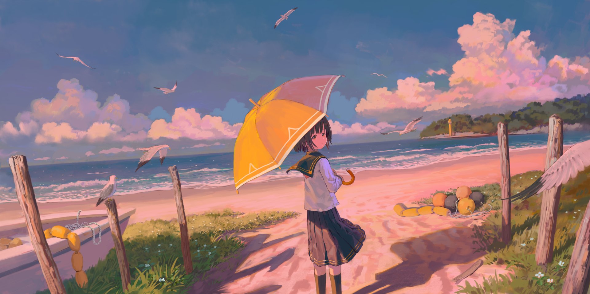 Anime girl holding a yellow umbrella, standing on a beach with seagulls flying and fluffy clouds in the sky. This HD desktop wallpaper and background exudes a serene and whimsical atmosphere.