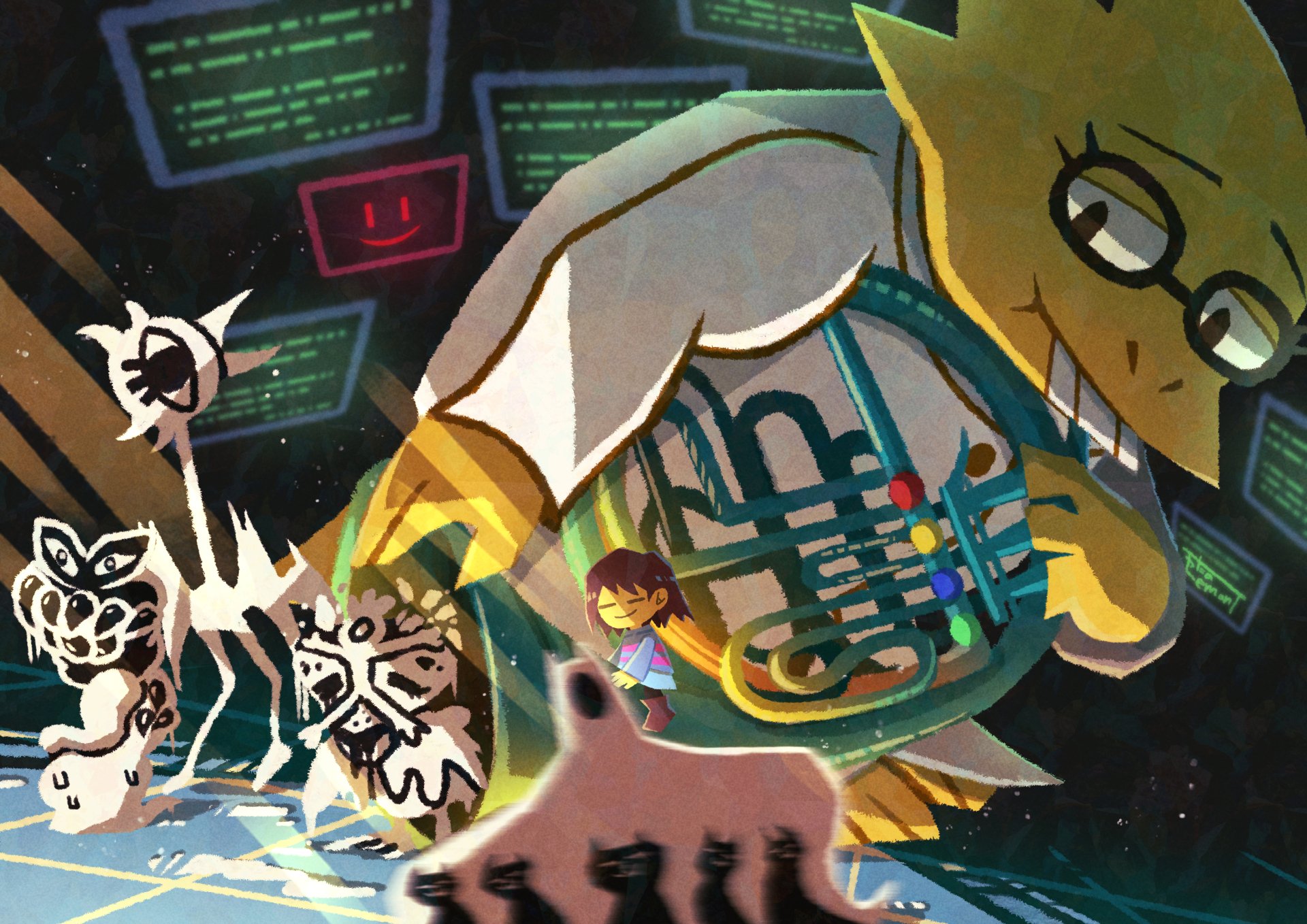 4K Ultra HD desktop wallpaper featuring Frisk and Alphys from the video game Undertale in a dynamic, stylized scene with glowing digital elements.