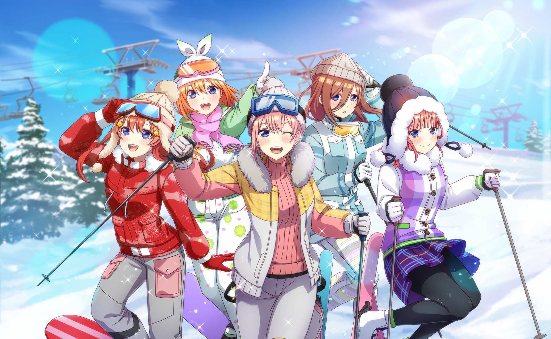 HD PC desktop wallpaper featuring Itsuki, Yotsuba, Miku, Nino, and Ichika Nakano from the anime The Quintessential Quintuplets enjoying a snowy ski scene.
