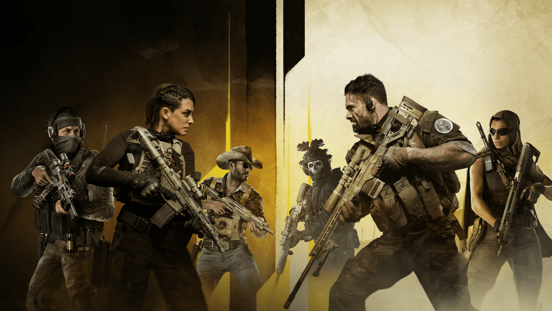 HD desktop wallpaper featuring characters from Call of Duty: Warzone 2.0, posed dramatically against a yellow and black background.