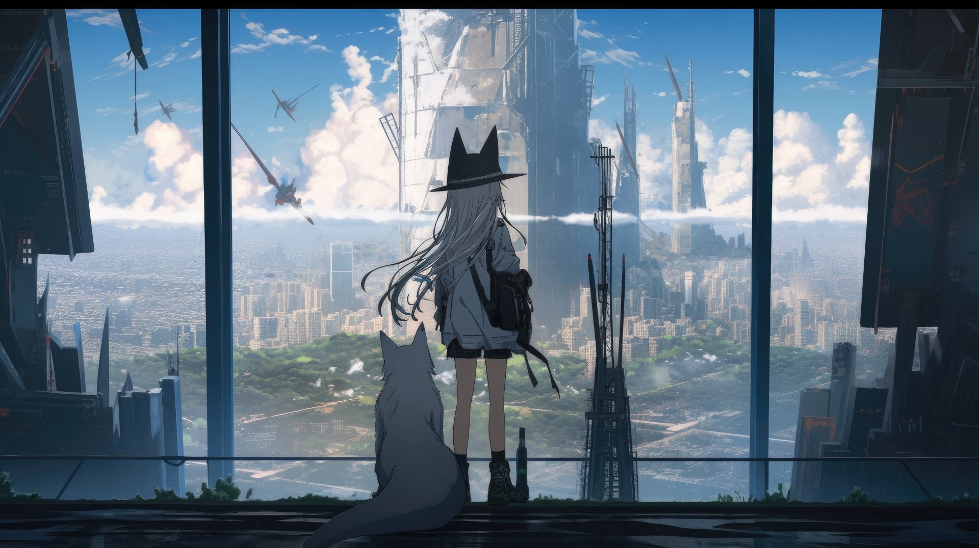 An original anime-style AI art in 8K Ultra HD depicting a girl with cat ears and a white dog overlooking a futuristic cityscape from a high window.