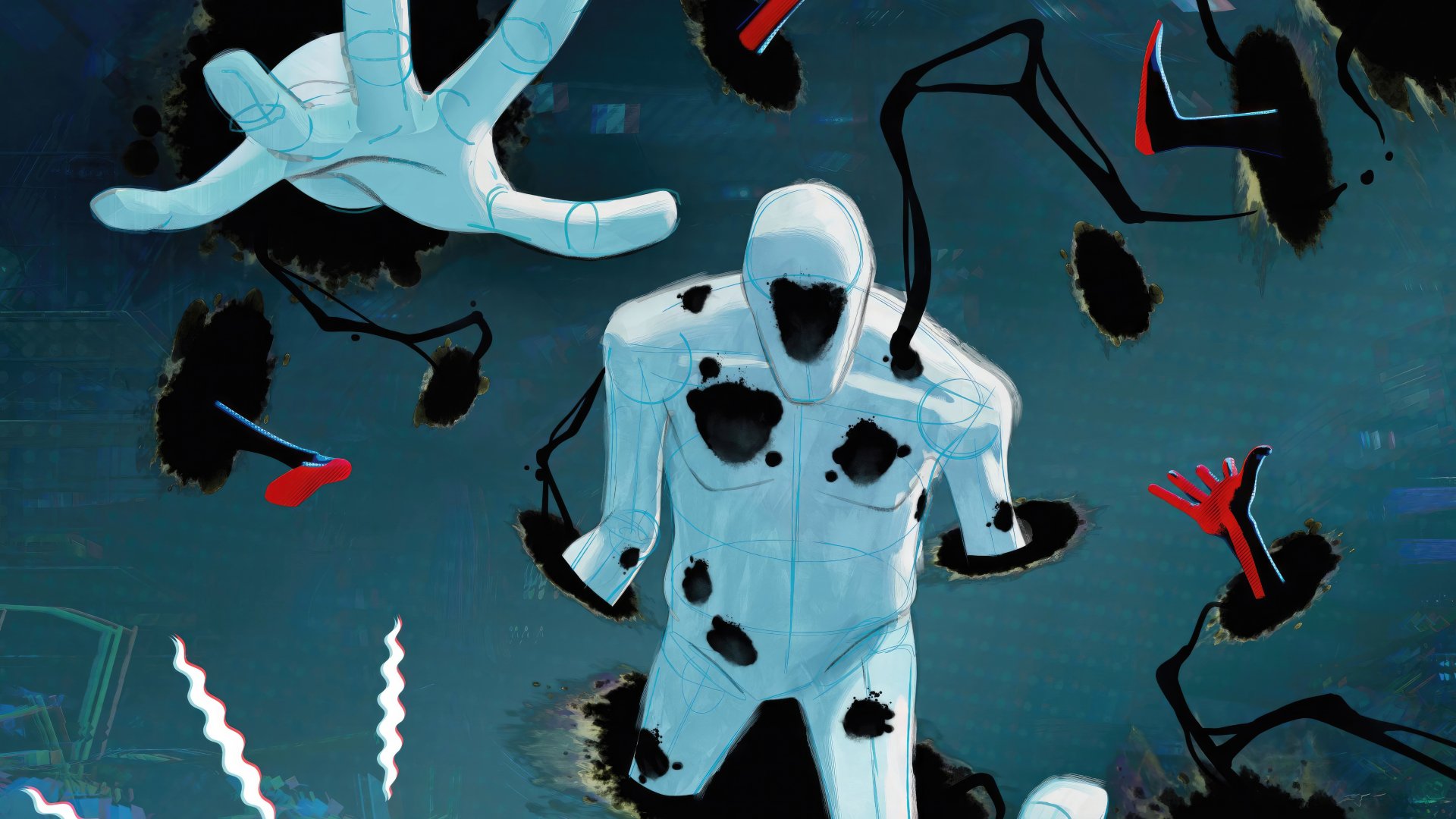 4K Ultra HD desktop wallpaper featuring Spider-Man in a white suit from the movie Spider-Man: Across the Spider-Verse with dynamic black and red web-like elements.