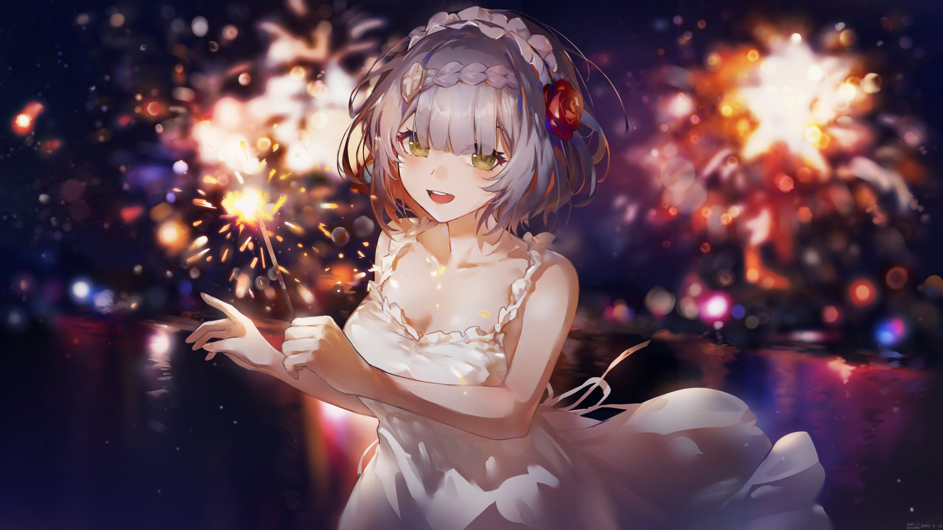 Noelle from Genshin Impact holding sparklers, set against a vibrant, glowing night background in this 4K Ultra HD PC desktop wallpaper.