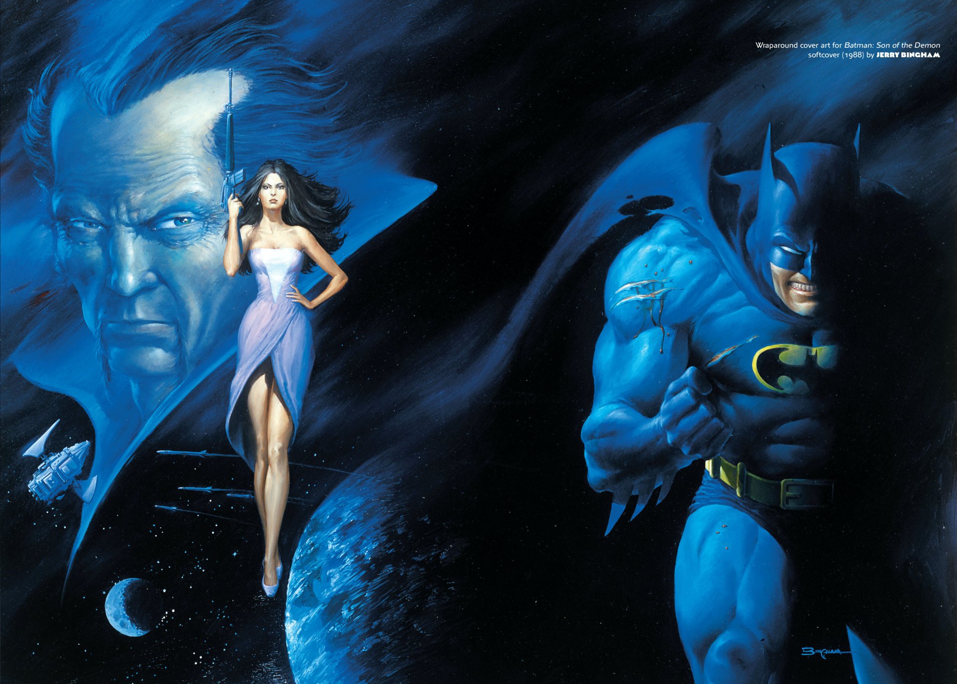 4K Ultra HD comic-style wallpaper featuring Batman in action with a mysterious woman and a large blue face in the background, set against a cosmic backdrop.