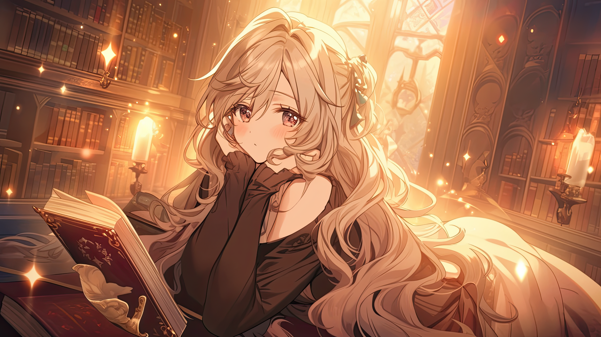 An 8K Ultra HD anime girl with long flowing hair reading a book in a warmly lit, detailed library setting, showcasing intricate AI art and vibrant colors.