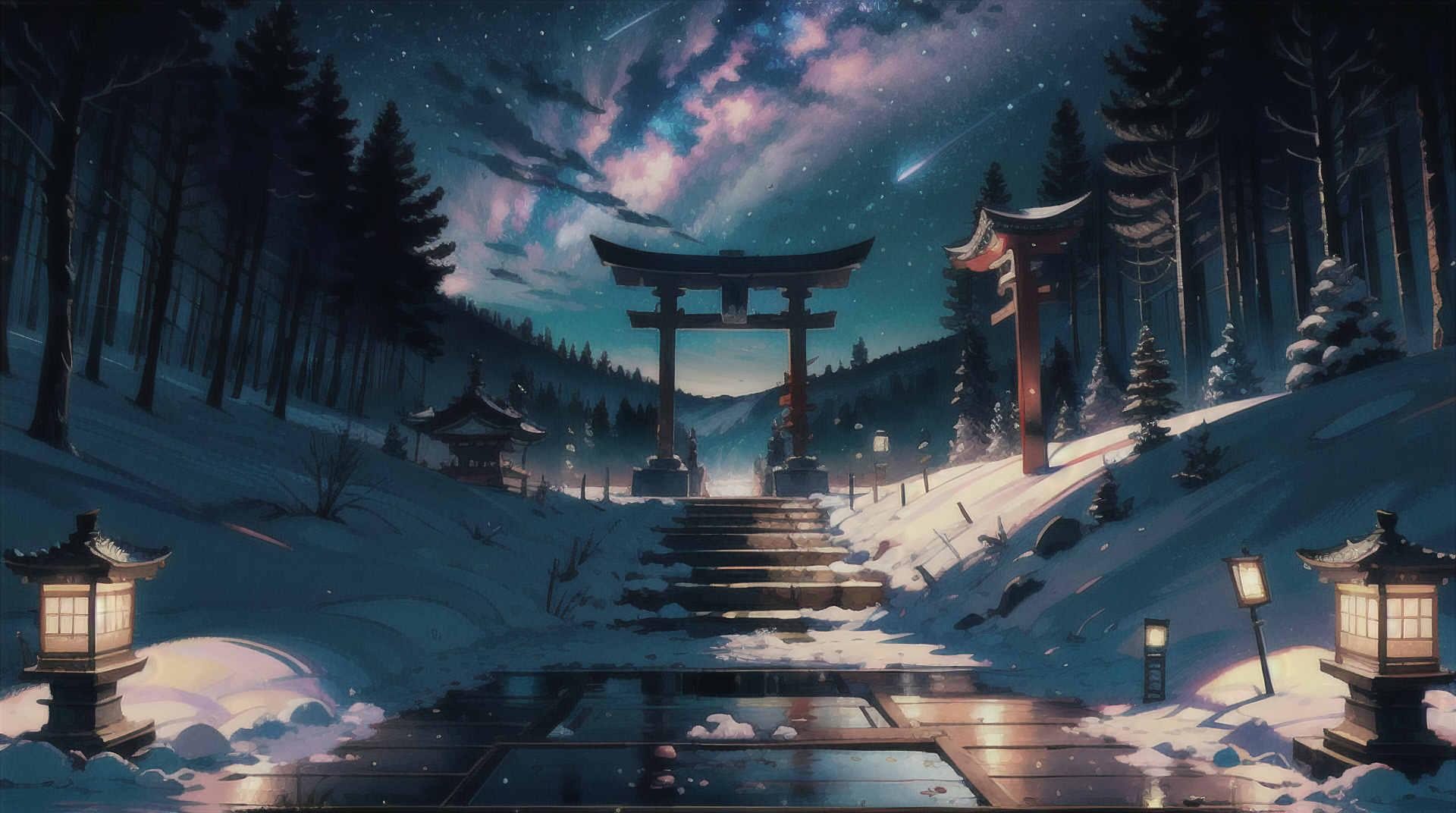 Anime-style HD desktop wallpaper depicting a serene snowy night with a torii gate, lanterns, and a starry sky framed by tall pine trees.