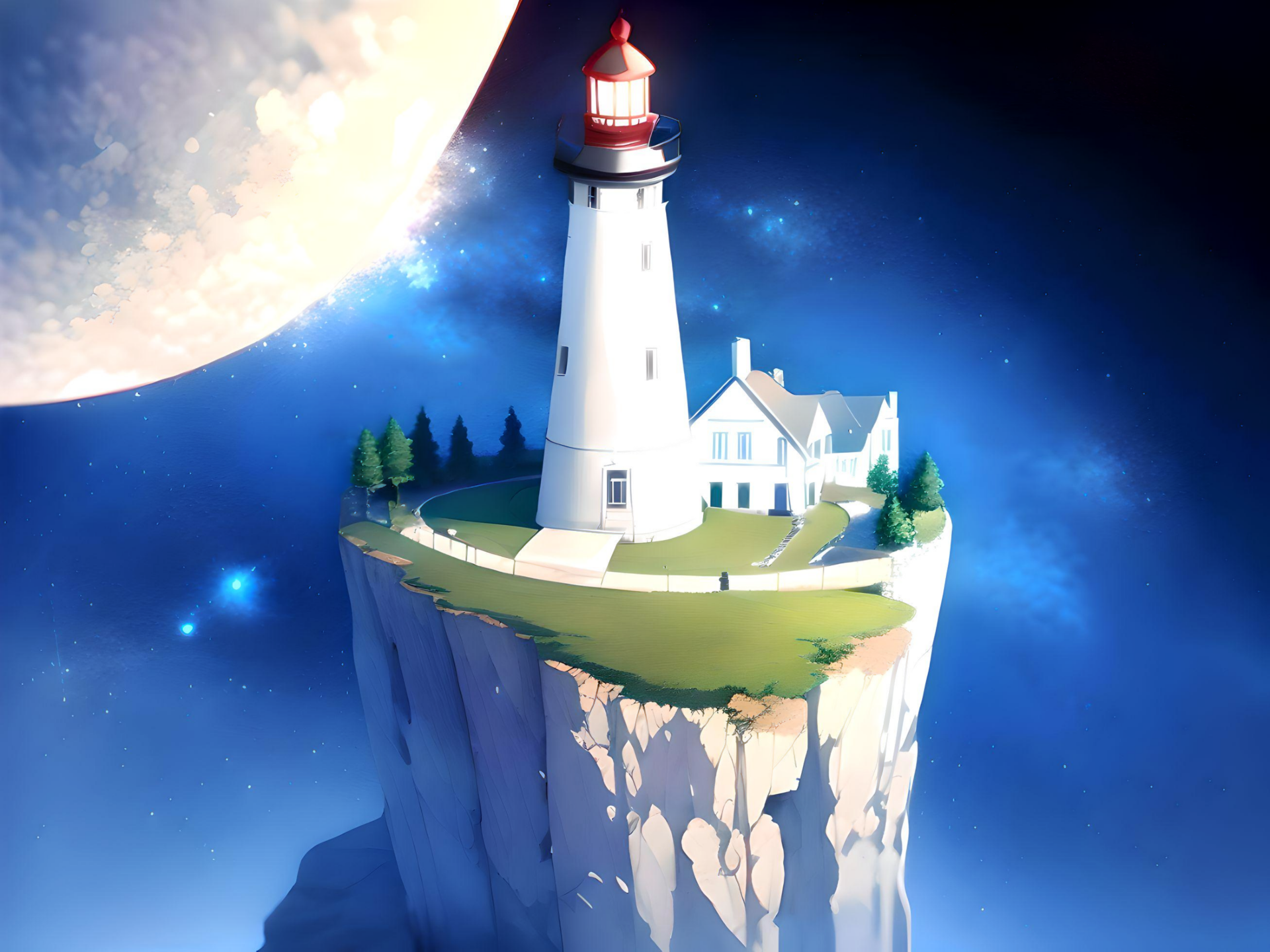 A lighthouse on top of a cliff with the moon by CptGui | 4000x3000 ...