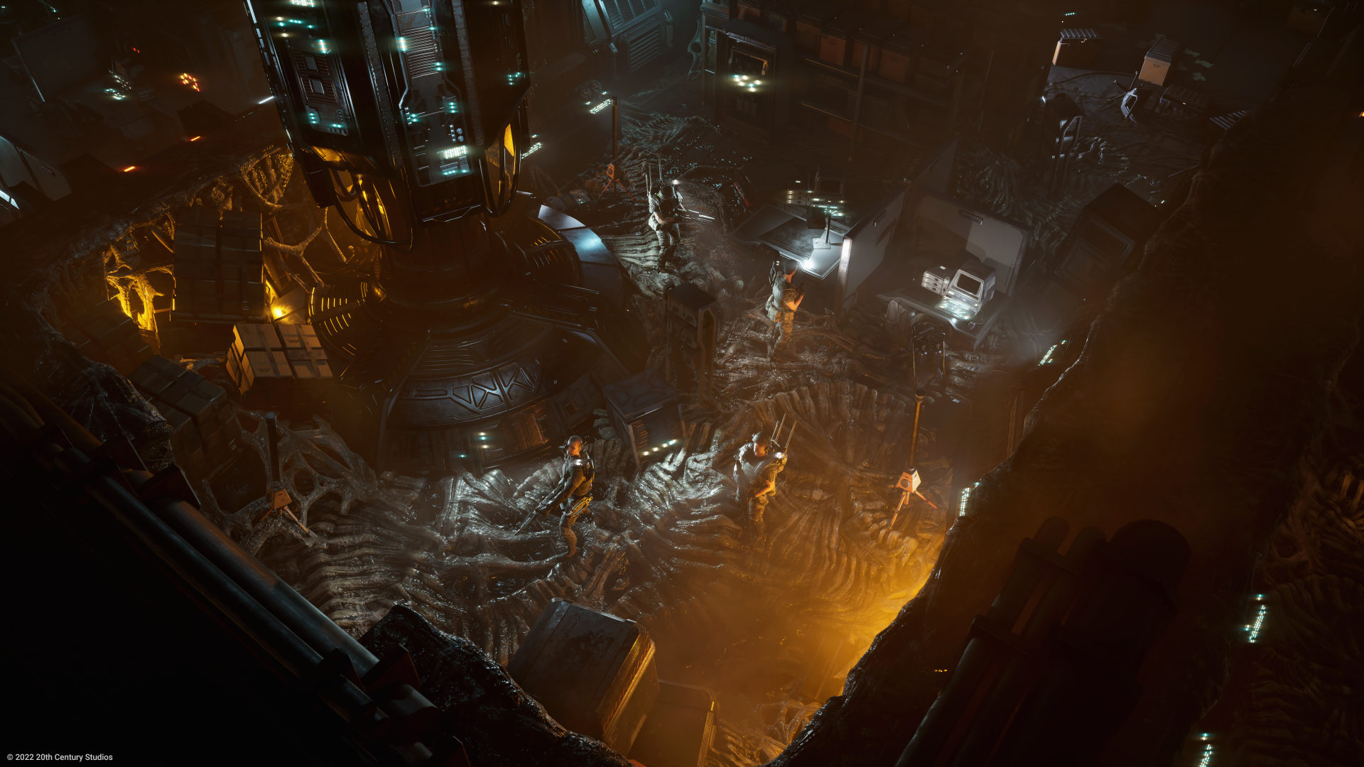 HD desktop wallpaper from the video game Aliens: Dark Descent featuring a dimly lit, detailed industrial scene with futuristic structures.