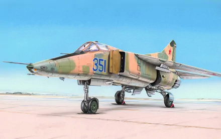HD PC wallpaper: camouflaged military Mikoyan-Gurevich MiG-23 / Mikoyan MiG-27 on a runway, nose number 351, set against a clear blue sky.