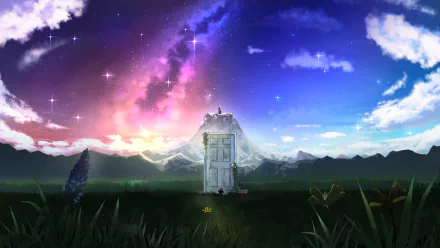 A stunning 4K Ultra HD wallpaper inspired by Suzume no Tojimari, featuring a mystical door against a vibrant sky filled with stars and distant mountains.