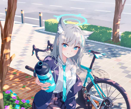 Shiroko Sunaookami from the video game Blue Archive poses by a bicycle on a sunlit sidewalk, holding a drink — 2K Quad HD PC desktop wallpaper/background.