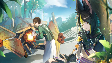 HD PC desktop wallpaper featuring Tighnari from the video game Genshin Impact in a detailed outdoor setting with vibrant colors and intricate character design.