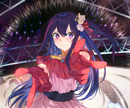 Vibrant 4K Ultra HD anime wallpaper featuring Ai Hoshino from Oshi no Ko, striking a dynamic pose with purple hair and a bright stage background.