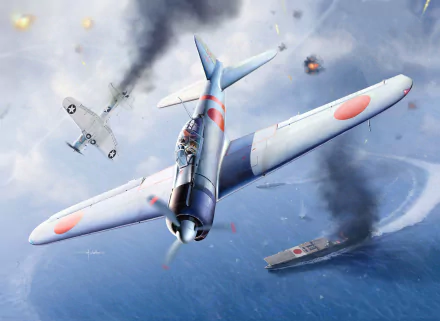 2K Quad HD PC desktop wallpaper: Mitsubishi A6M Zero diving in a WWII naval dogfight, Japanese markings visible as ships burn and black smoke rises over the ocean.