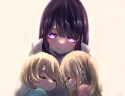 4K anime wallpaper: Ai Hoshino with glowing purple eyes stands behind two sleeping blond children, Ruby and Aquamarine Hoshino, from Oshi no Ko.
