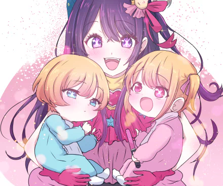 HD PC desktop wallpaper featuring Ai Hoshino and two children from the anime Oshi no Ko in a vibrant, colorful style.