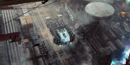 HD desktop wallpaper from the video game Star Atlas, featuring a detailed futuristic industrial cityscape.