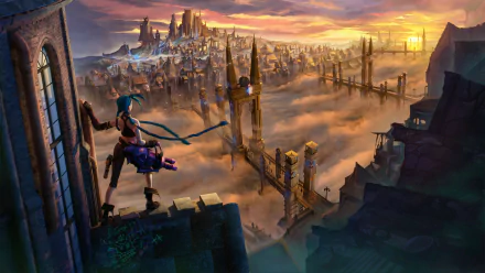 HD PC desktop wallpaper featuring Jinx from the TV show Arcane (League of Legends) overlooking a sprawling, mist-covered cityscape at sunset.